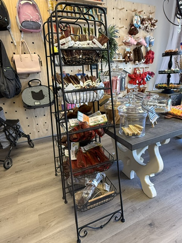 Dehydrated beef esophagus dog chews on display rack